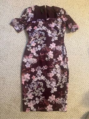 Ted Baker Burgundy Floral Midi Sheath Dress with Pink Accents